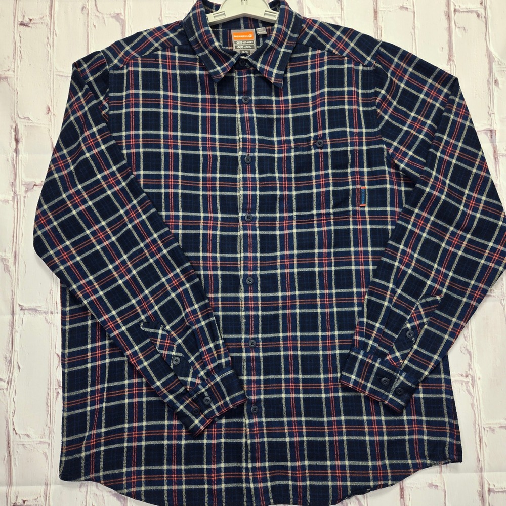 Merrell Button-Down Shirt Navy Plaid Opti-Wick Hiking Outdoor Workwear Mens XL